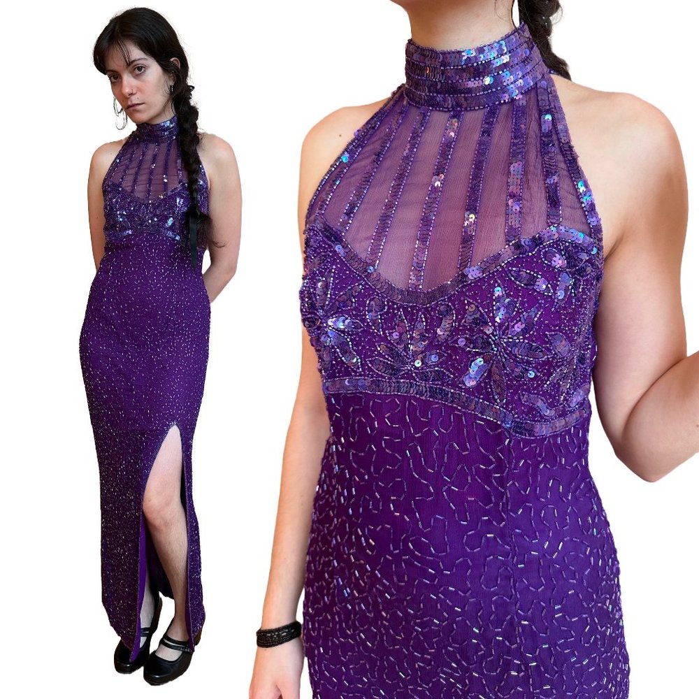 Vintage Purple High Neck Sleeveless Sequin Evening Gown Maxi Sheath Dress Slit 2